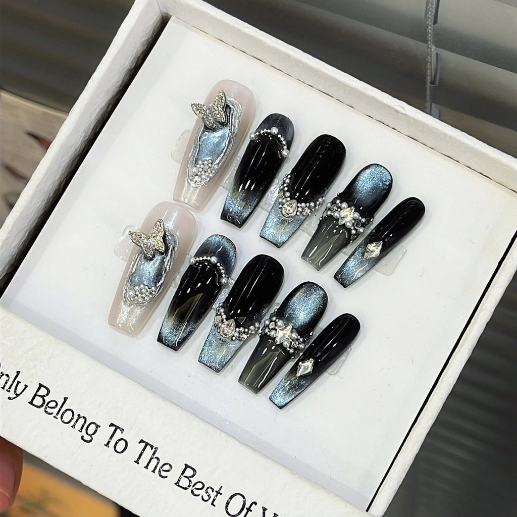 Purely Handmade [Blue Obsidian Star Sea] High-End Blue Cat Eye Rhinestone Luxurious Heavy Craft Niche New Long Wearable Nails