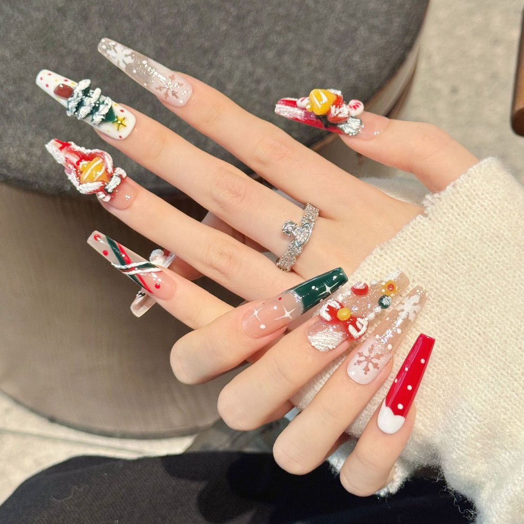 Christmas Carnival on Fingertips-3D Handmade Press - on Nails, Unleash the Festival's Fantasy